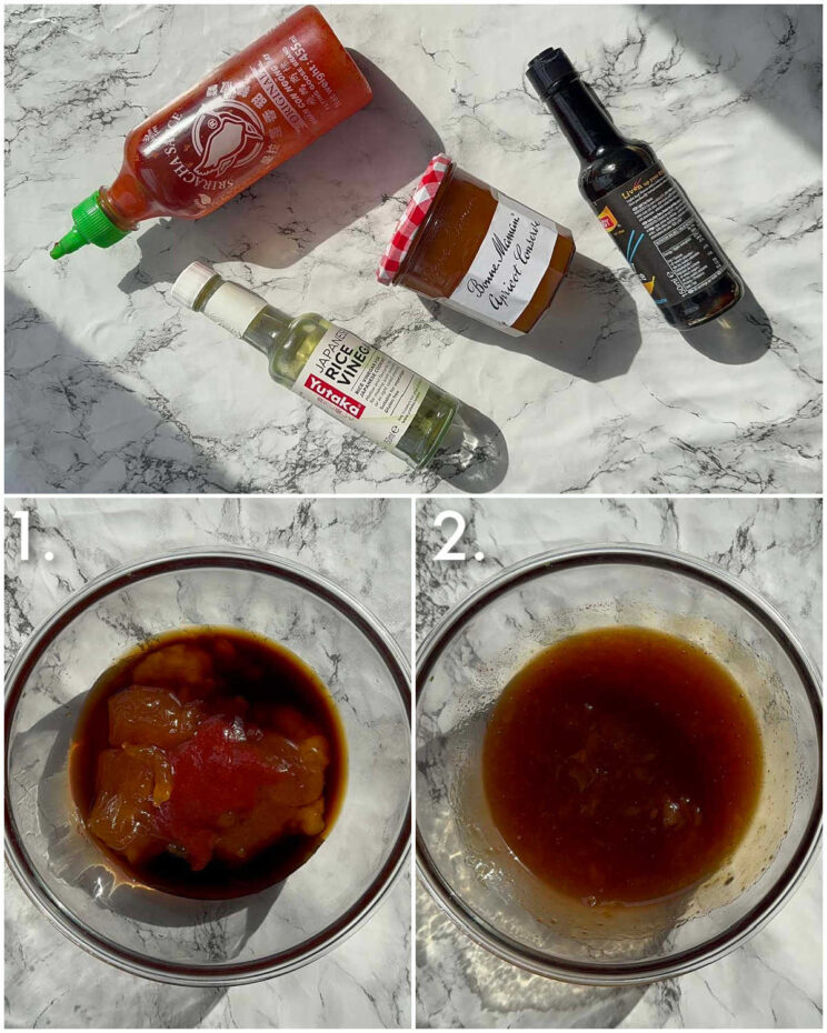 2 step by step photos showing how to make apricot sauce for chicken