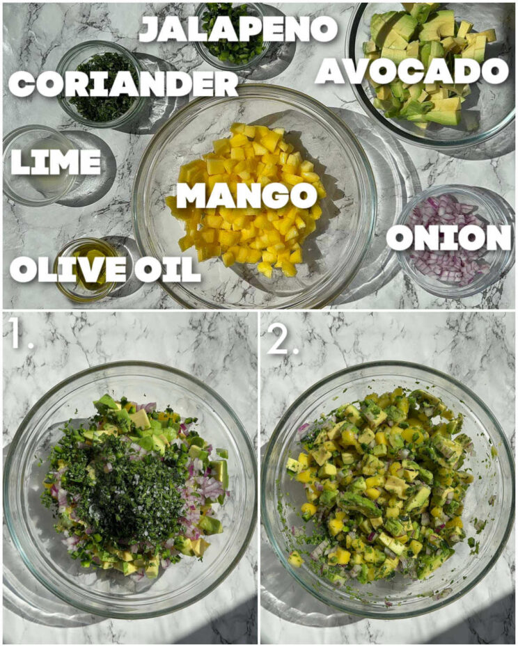 2 step by step photos showing how to make avocado mango salsa