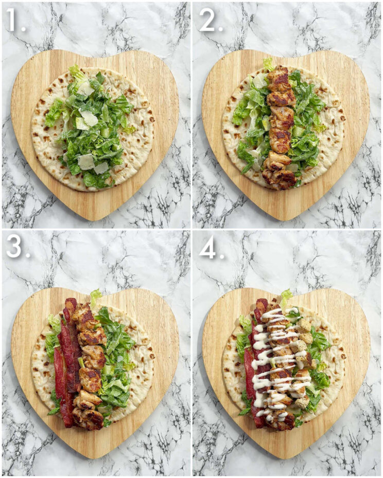 4 step by step photos showing how to make chicken caesar flatbreads