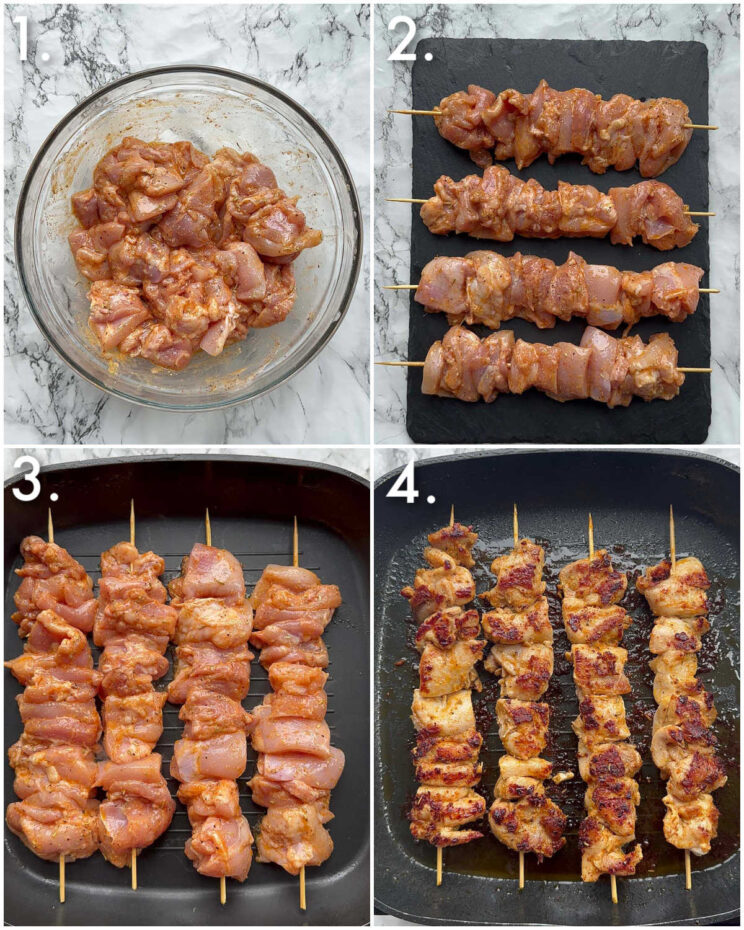 4 step by step photos showing how to make chicken caesar skewers