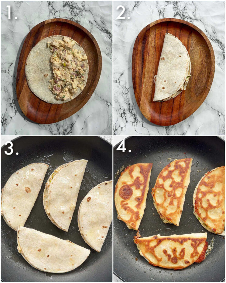 4 step by step photos showing how to make chicken jalapeno popper tacos