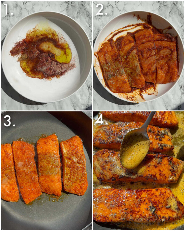 4 step by step photos showing how to make chipotle salmon