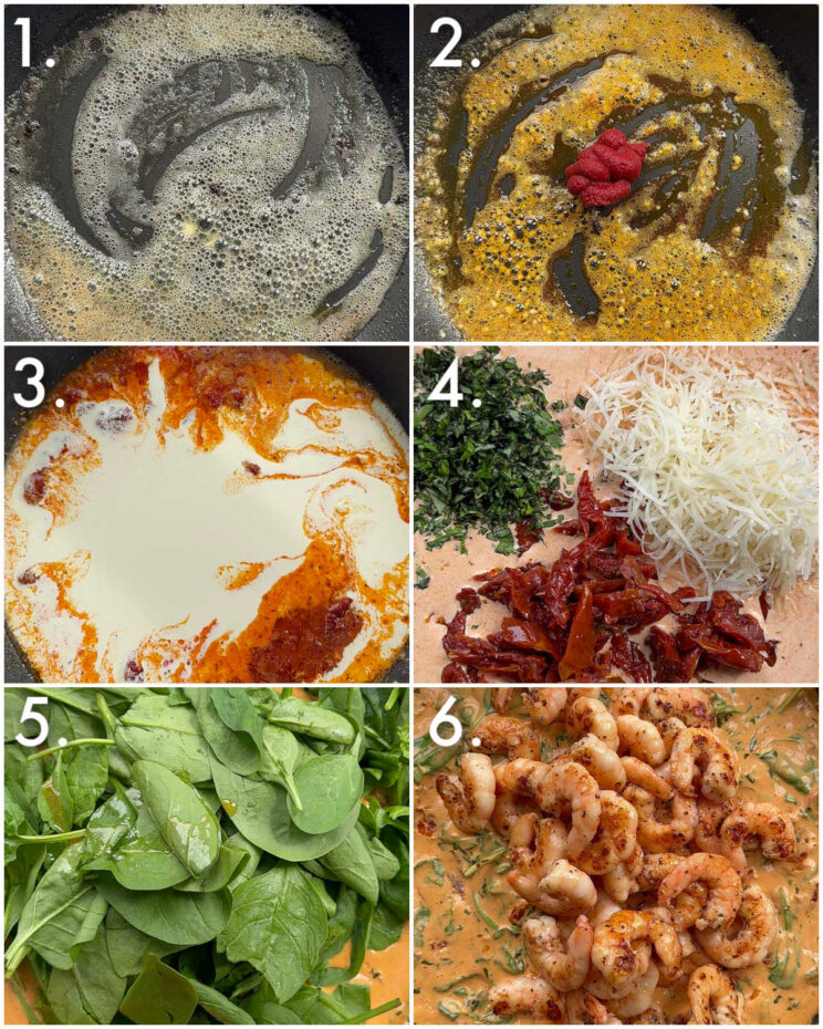 6 step by step photos showing how to make creamy Tuscan prawns