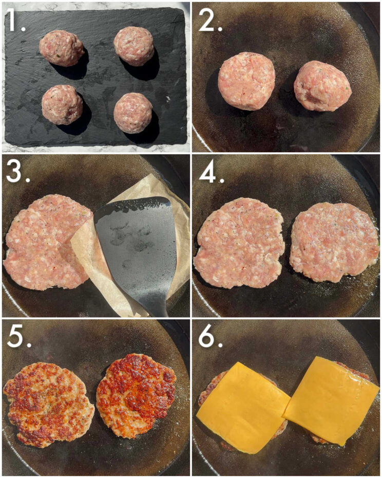 6 step by step photos showing how to make sausage smash burgers