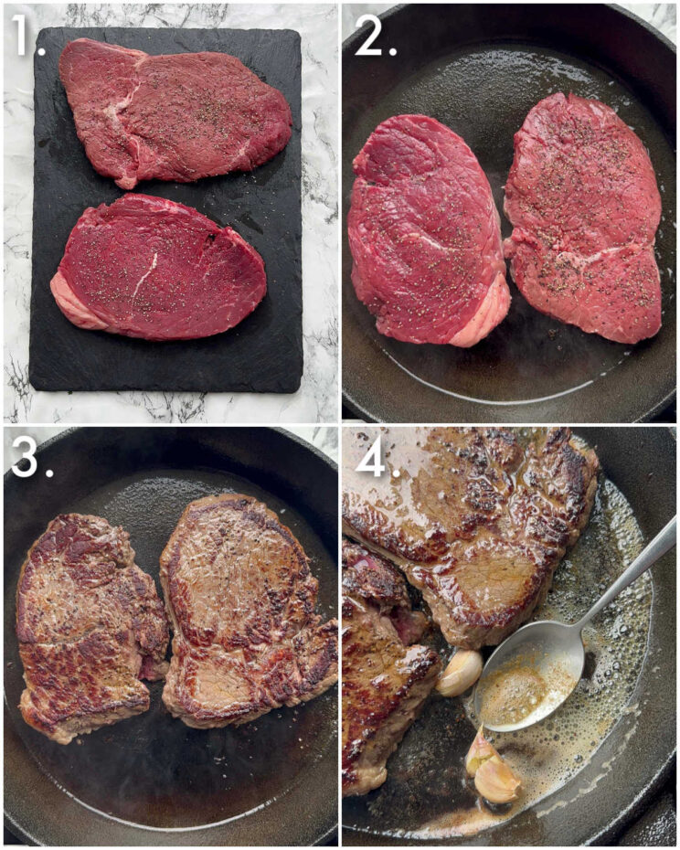 4 step by step photos showing how to cook steak