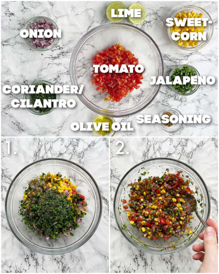 2 step by step photos showing how to make tomato corn salsa