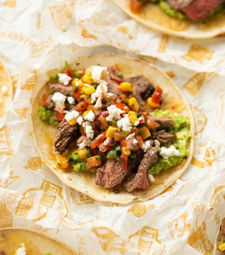 steak taco on scrunched up paper