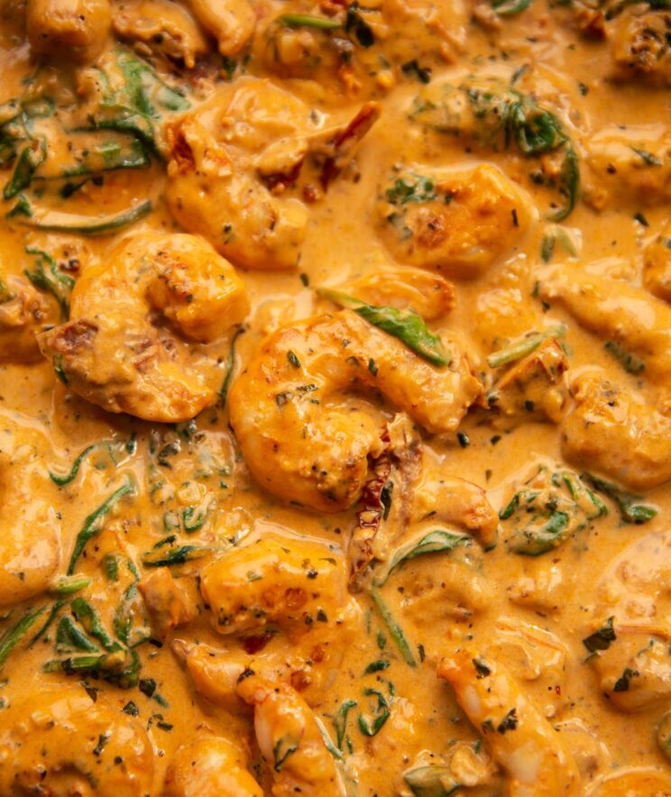 close up overhead shot of Tuscan prawns in large pan