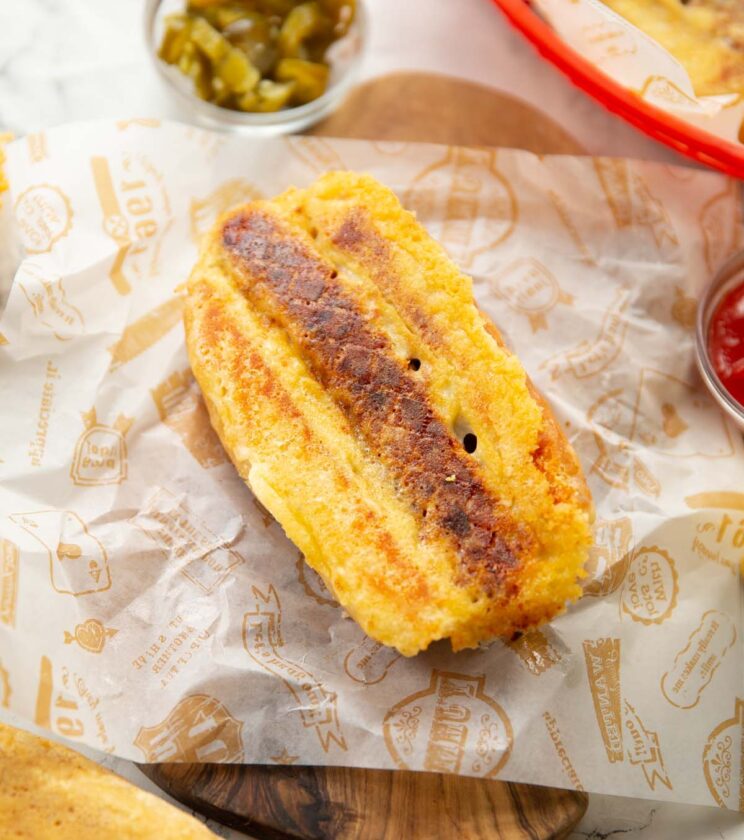 grilled cheese hot dog on chopping board with jalapeños in background