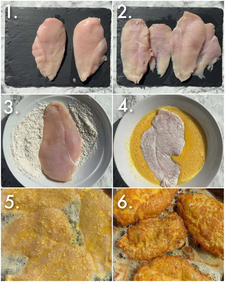 6 step by step photos showing how to make chicken francese