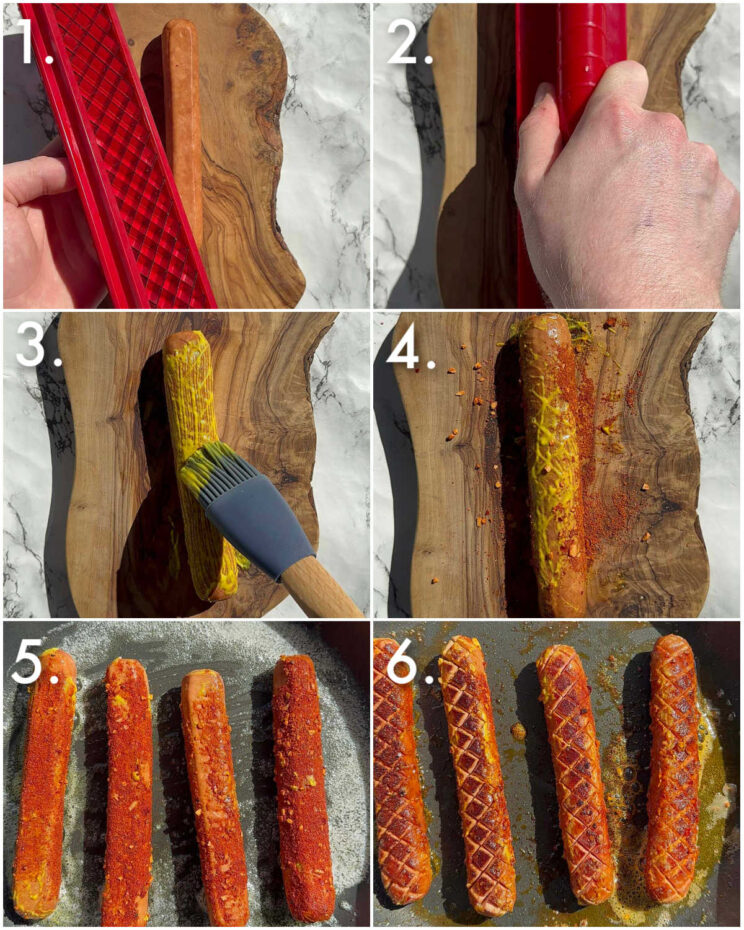 6 step by step photos showing how to make criss cross hot dogs