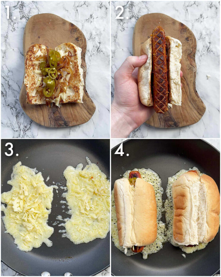 4 step by step photos showing how to make grilled cheese hot dog