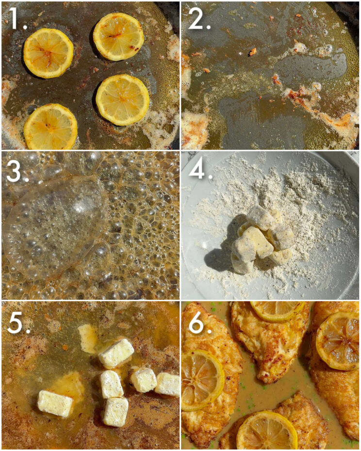 6 step by step photos showing how to make lemon butter sauce