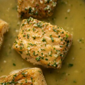 overhead shot of garlic butter cod in pan