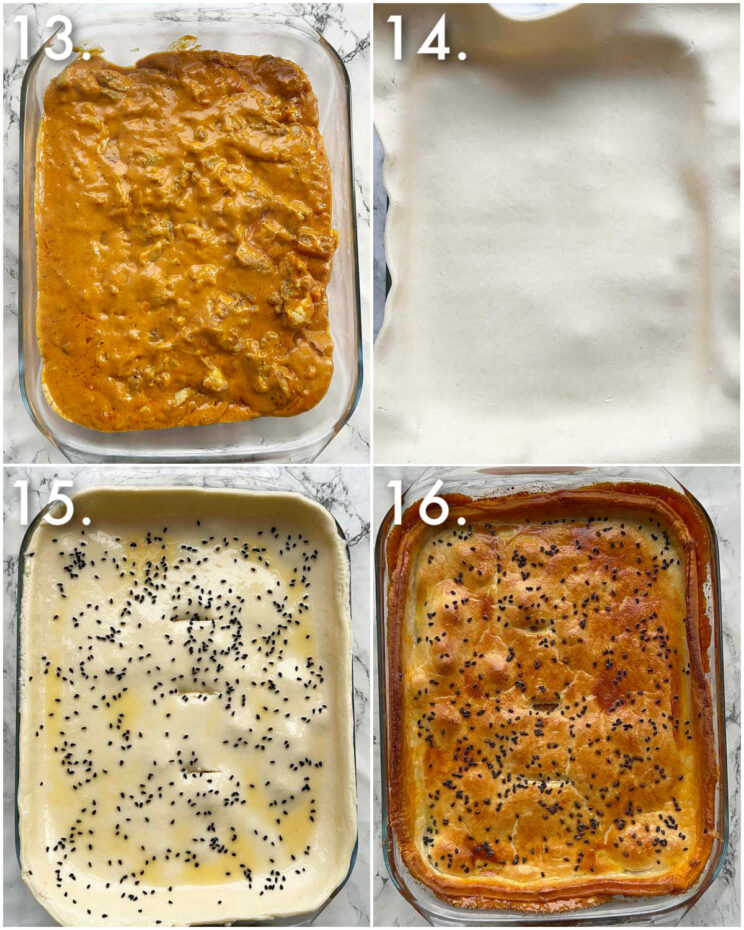 4 step by step photos showing how to make a curried chicken pie