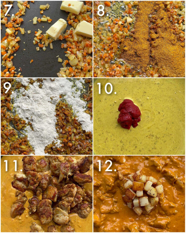 6 step by step photos showing how to make curried chicken pie filling