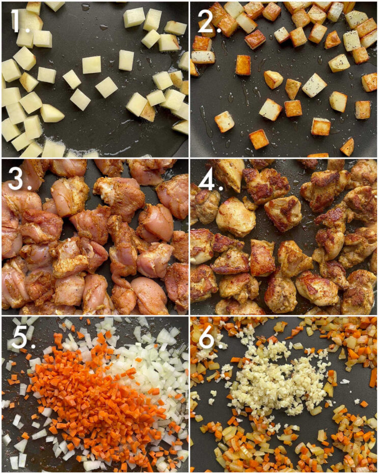 6 step by step photos showing how to make curried chicken pie filling