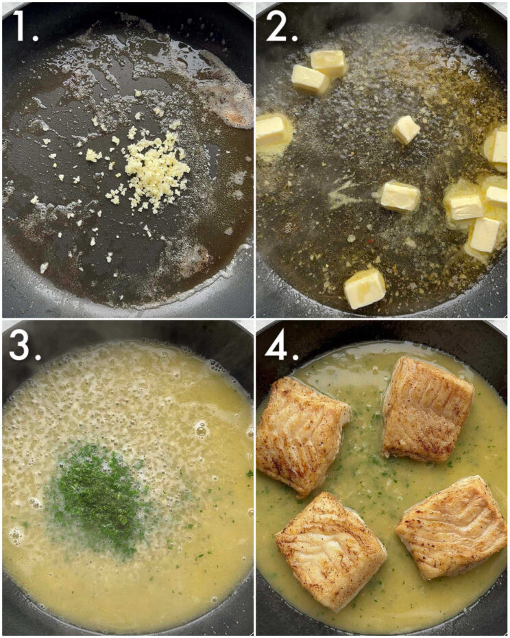 4 step by step photos showing how to make garlic butter cod