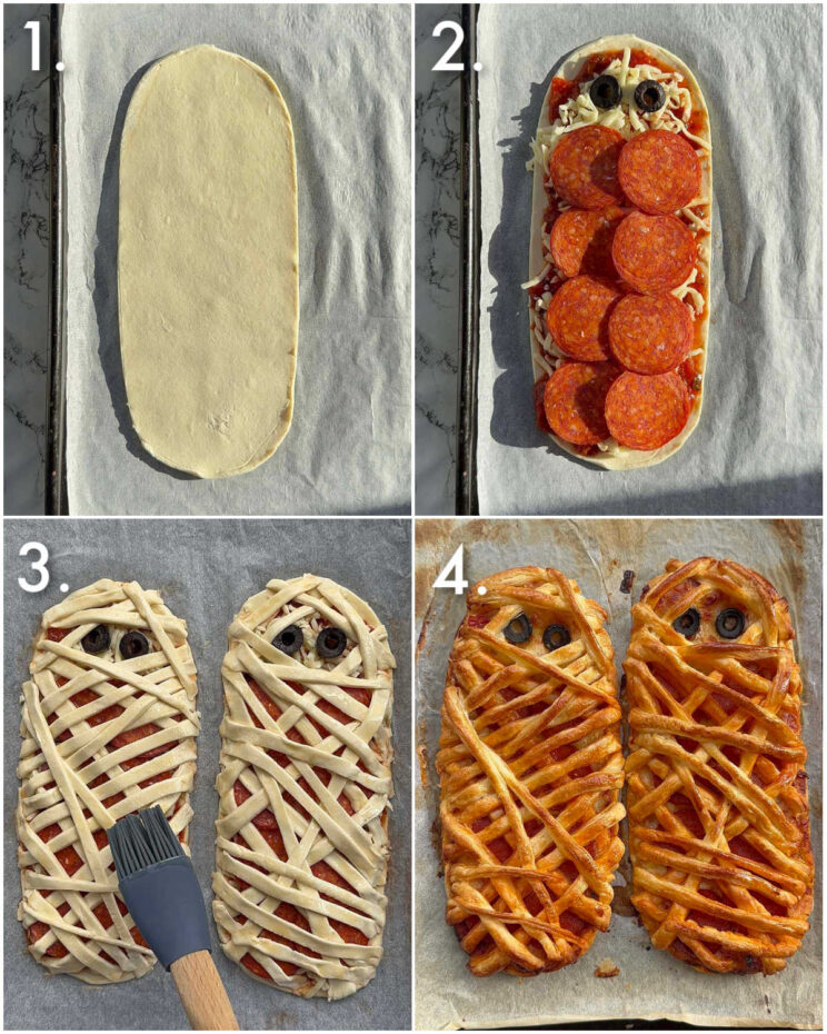 4 step by step photos showing how to make pizza mummies