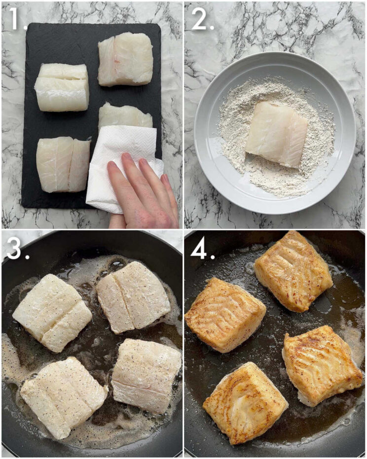 4 step by step photos showing how to pan fry cod