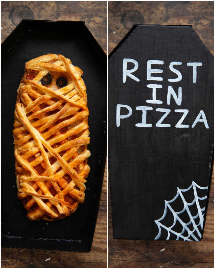 overhead shot of two photos showing pizza mummy in black cardboard coffin