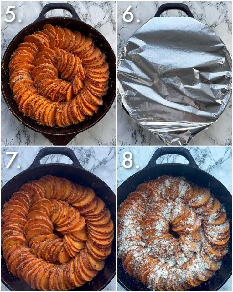 4 step by step photos showing how to make cajun sweet potato spiral