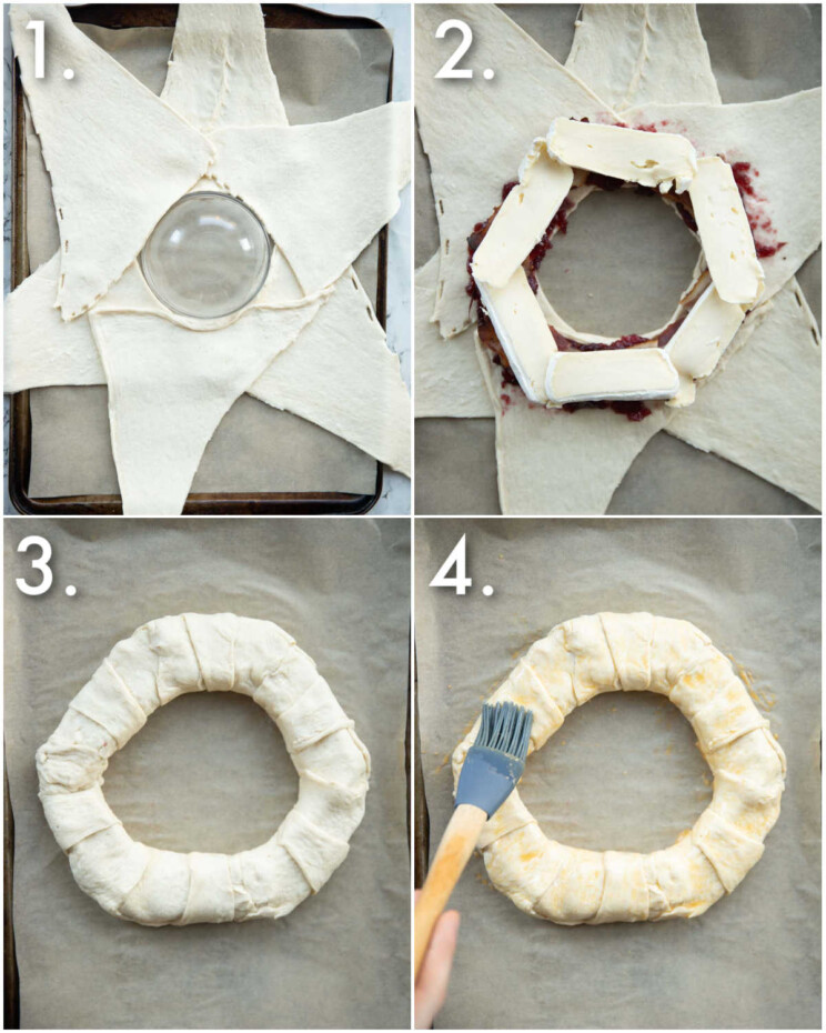 4 step by step photos showing how to make a croissant wreath