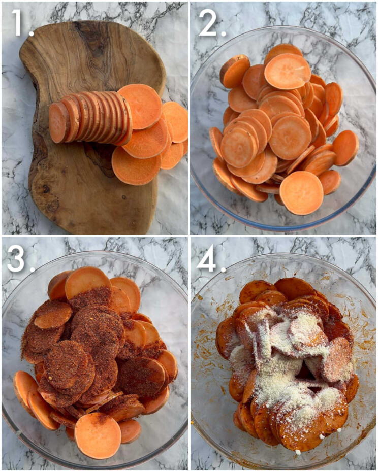 4 step by step photos showing how to prepare cajun sweet potato spiral