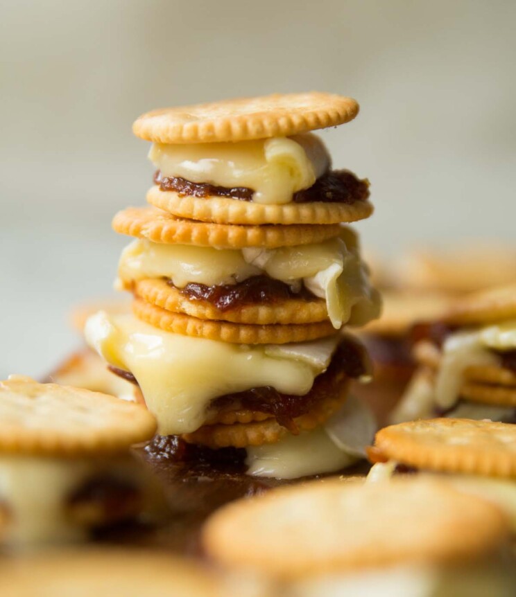 3 savory smores stacked on each other on chopping board