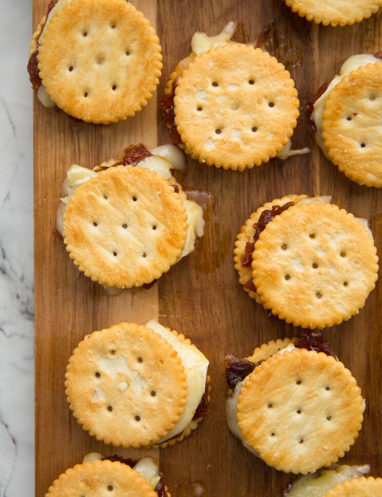 overhead shot of savoury smores on wooden chopping board