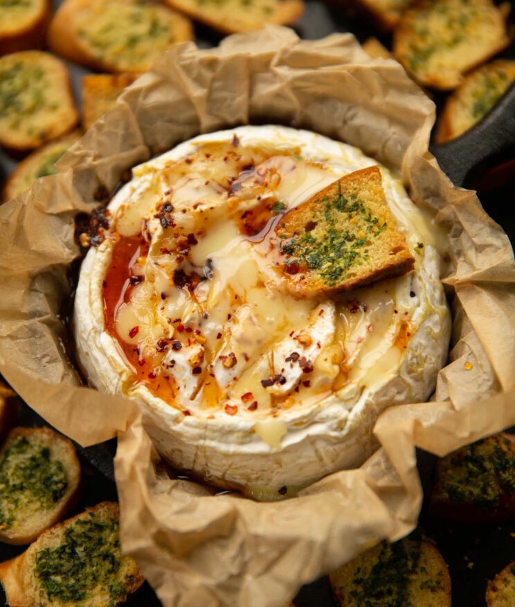 garlic honey baked camembert in baking paper fresh out the oven