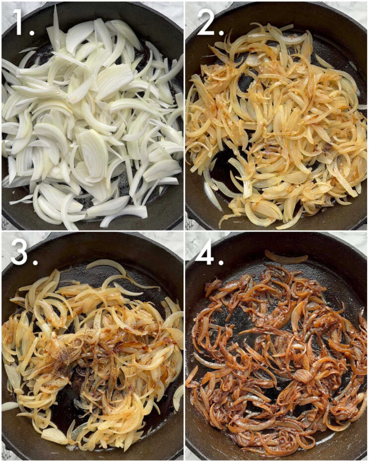 4 step by step photos showing how to caramelise onions