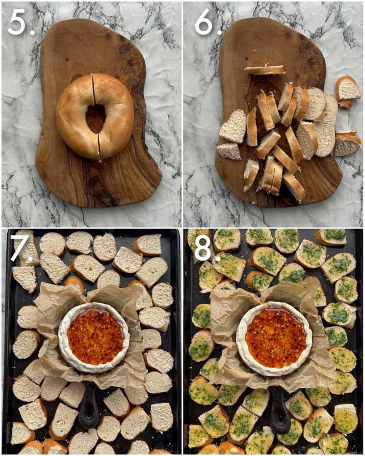 4 step by step photos showing how to make baked camembert with bagel chips