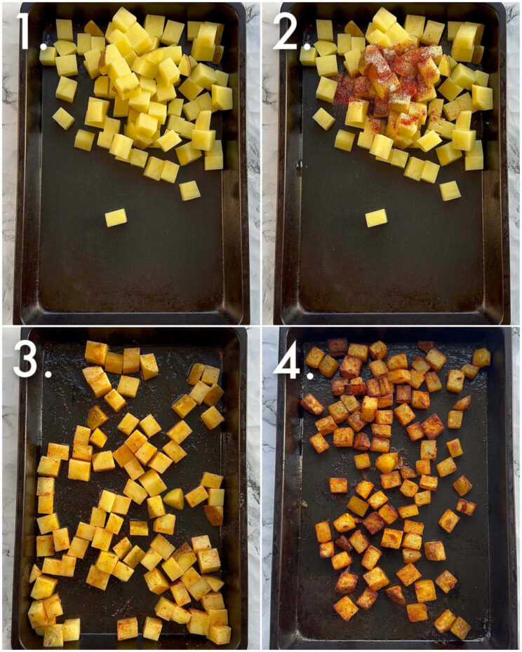 4 step by step photos showing how to make crispy potatoes