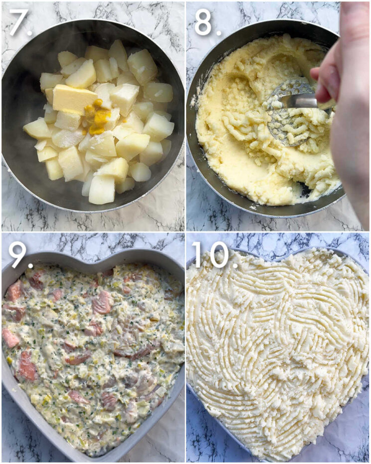 4 step by step photos showing how to make fish pie