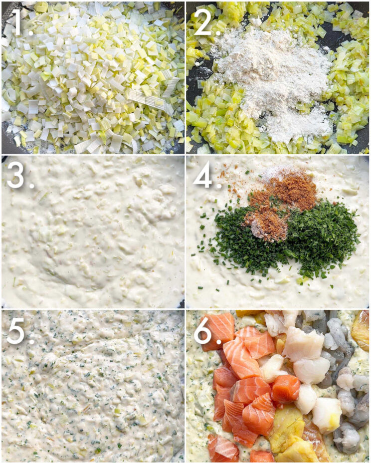 6 step by step photos showing how to make fish pie filling