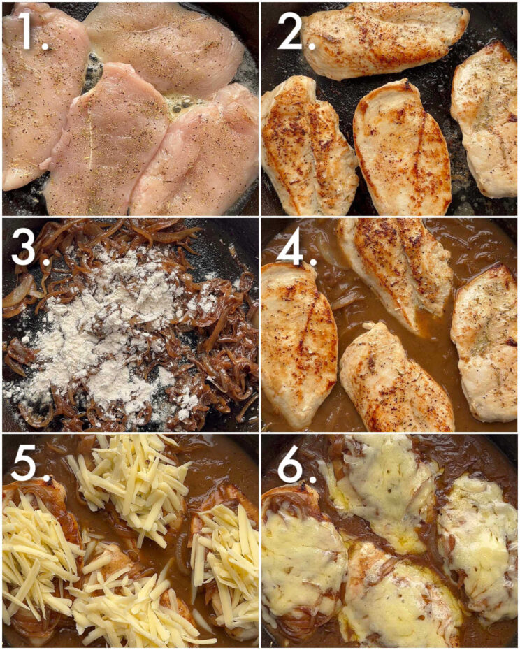 6 step by step photos showing how to make french onion chicken