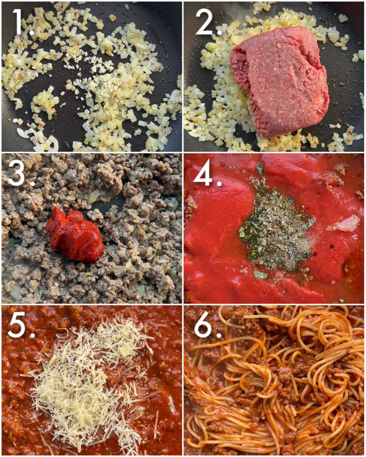 6 step by step photos showing how to make ground beef ragu