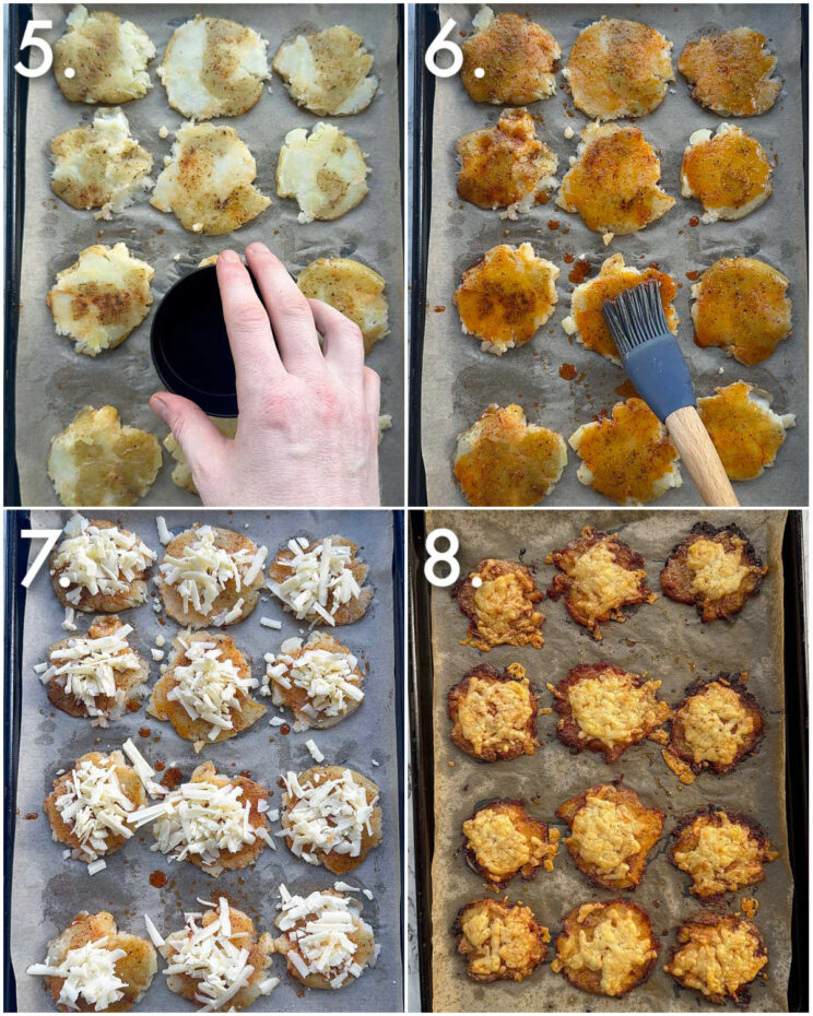 4 step by step photos showing how to make loaded smashed potatoes