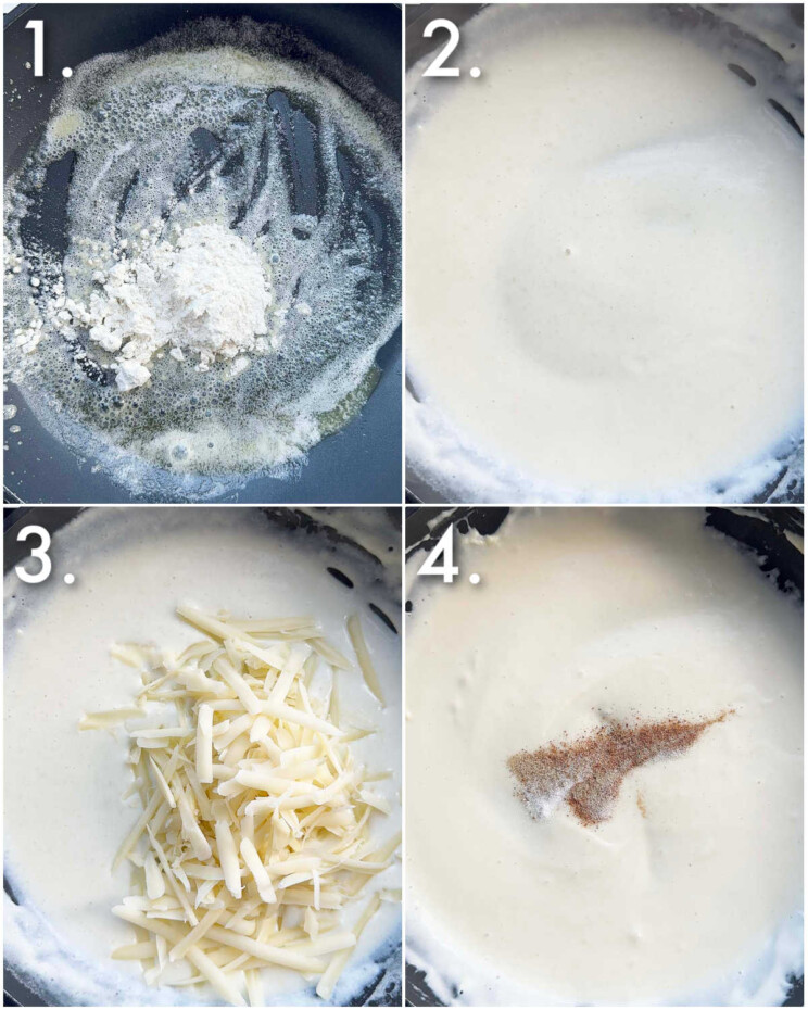 4 step by step photos showing how to make mornay sauce