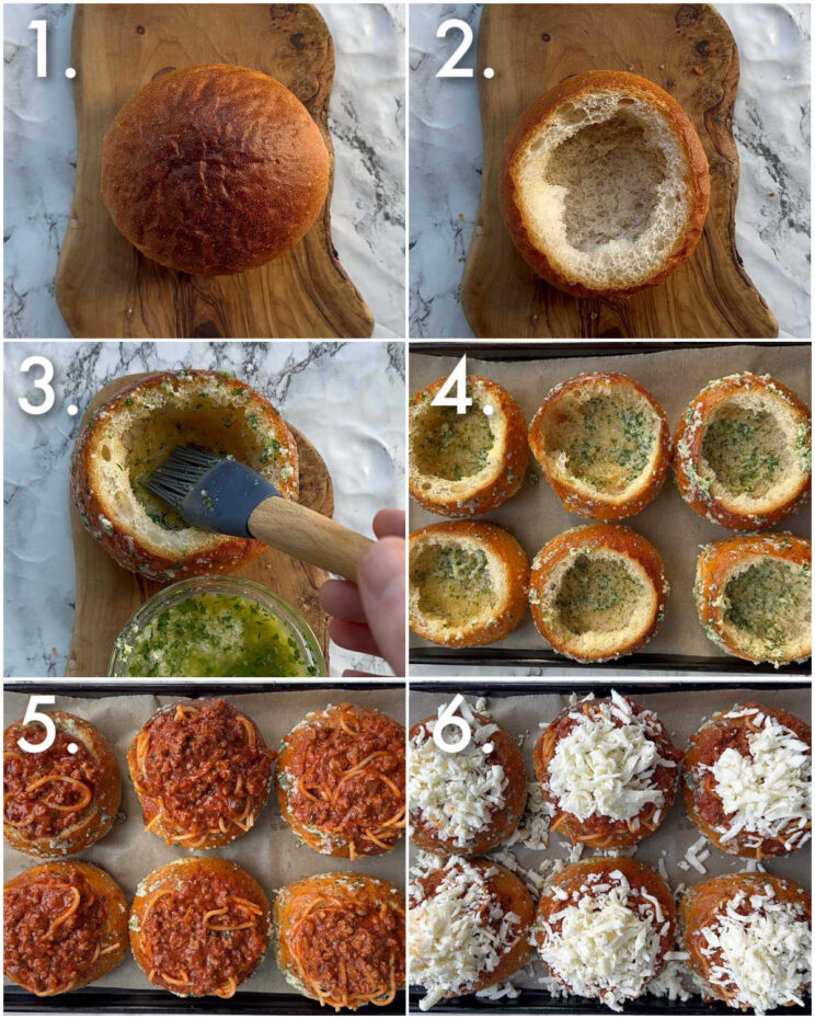 6 step by step photos showing how to make pasta bread bowls