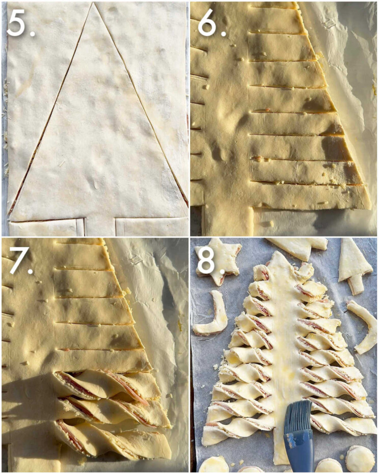 4 step by step photos showing how to make puff pastry Christmas tree