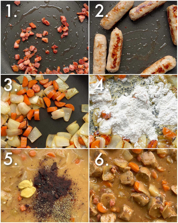 6 step by step photos showing how to make sausage hotpot filling