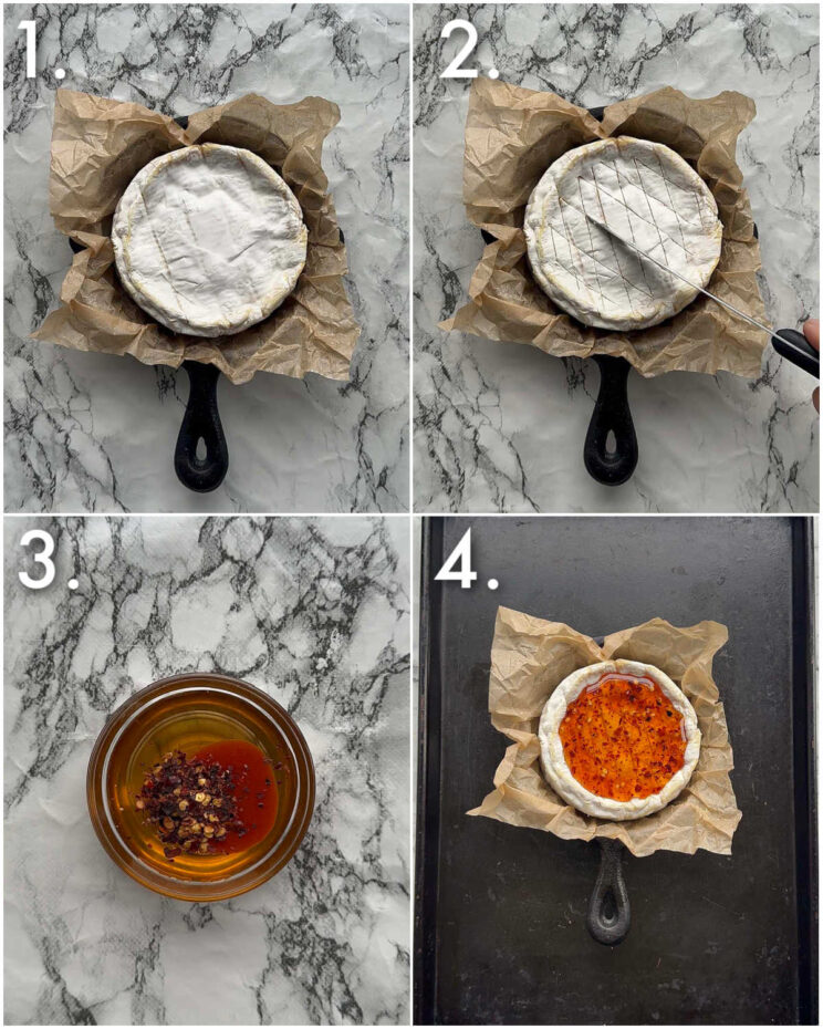 4 step by step photos showing how to prepare hot honey camembert