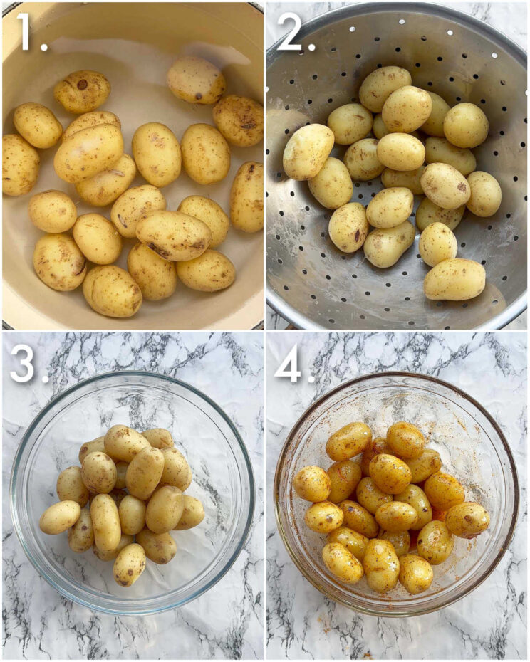 4 step by step photos showing how to prepare loaded smashed potatoes