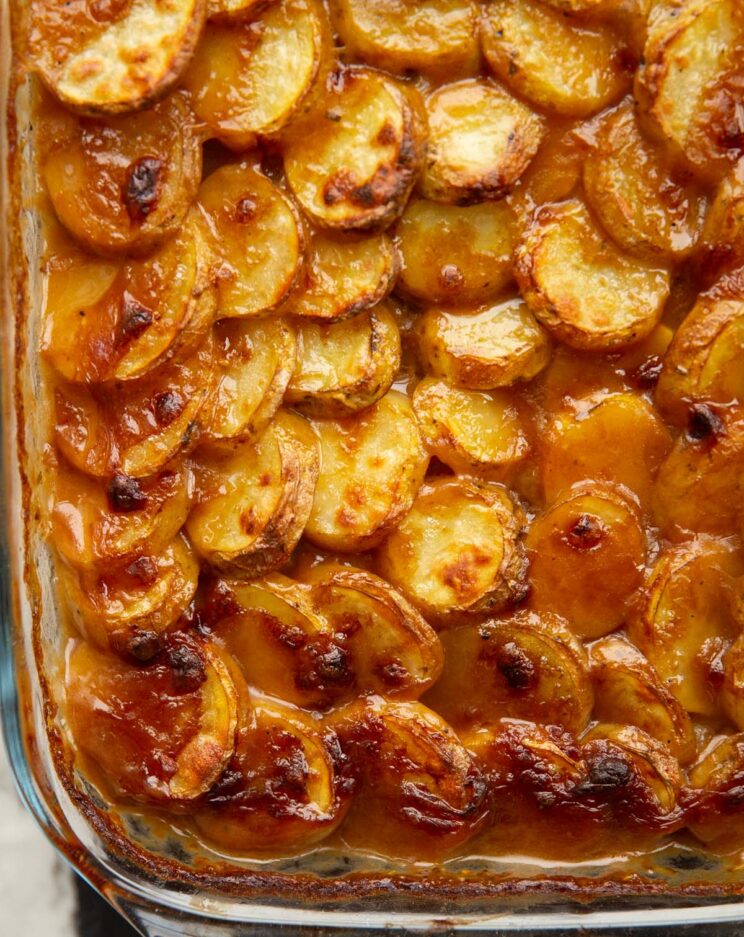 close up overhead shot of sausage hot pot fresh out the oven