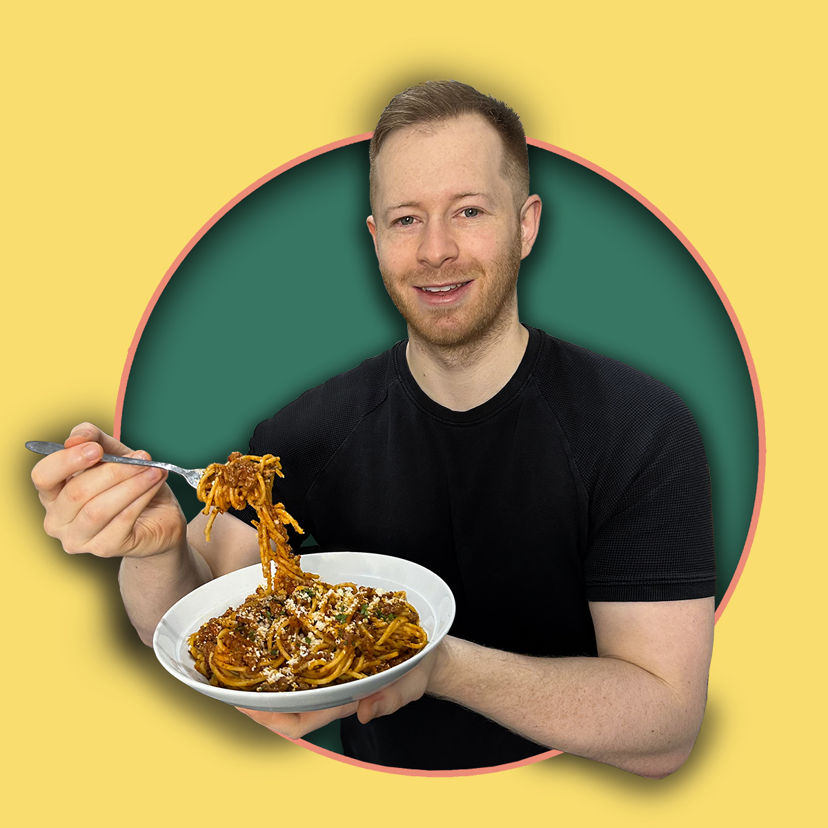 Blogger Chris Collins holding spaghetti bolognese