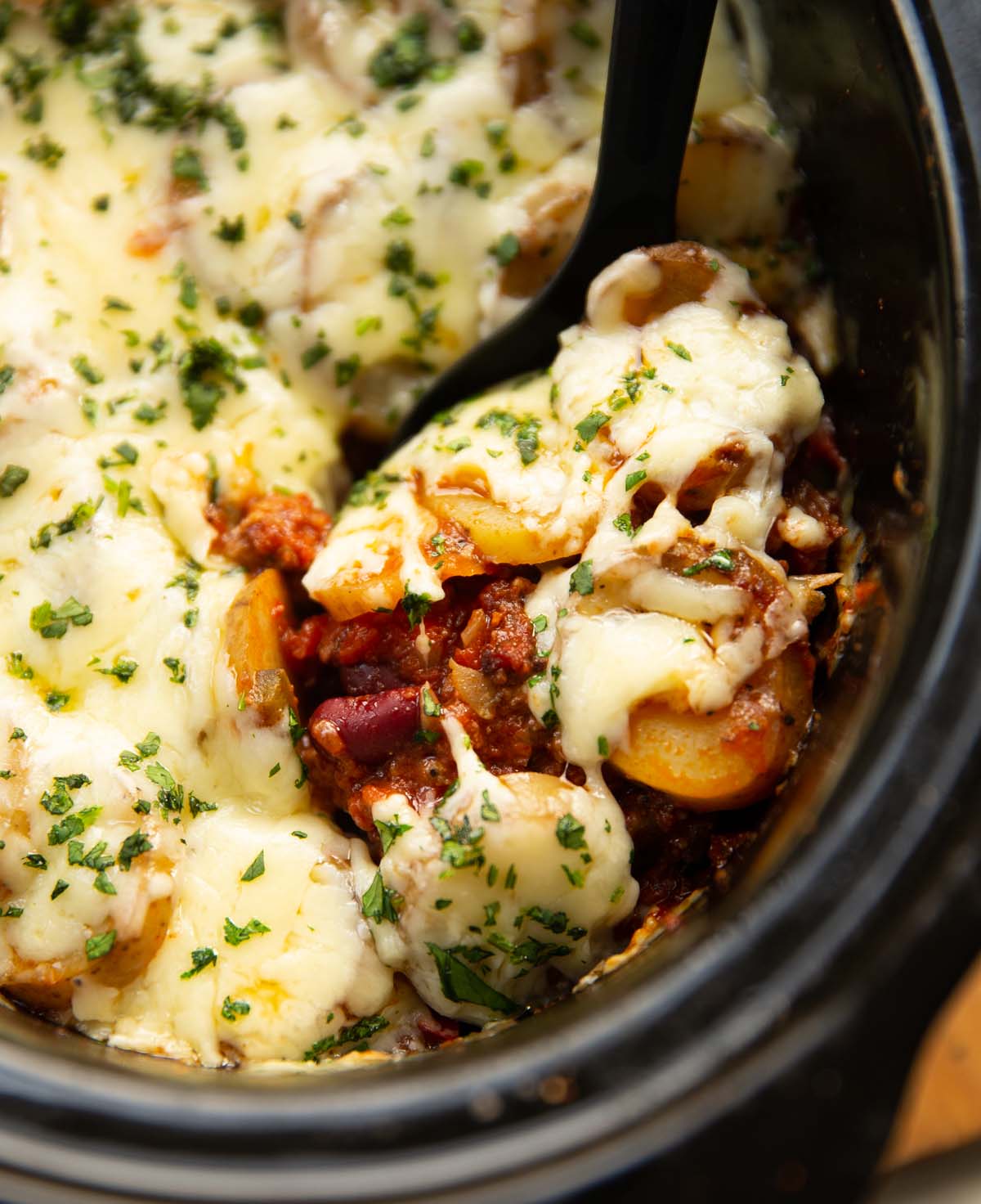 close up shot of cajun beef hotpot in slow cooker