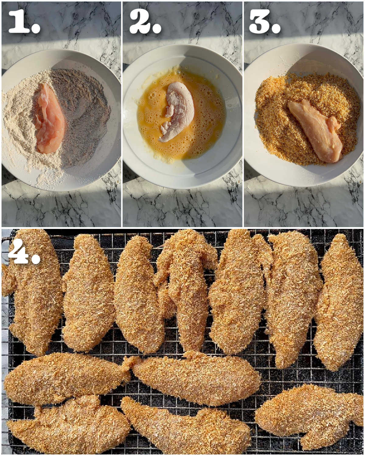 4 step by step photos showing how to bake parmesan chicken tenders