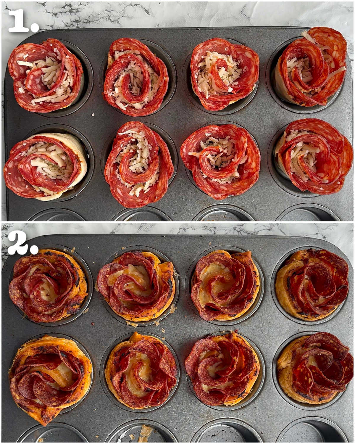 2 step by step photos showing how to cook pizza roses